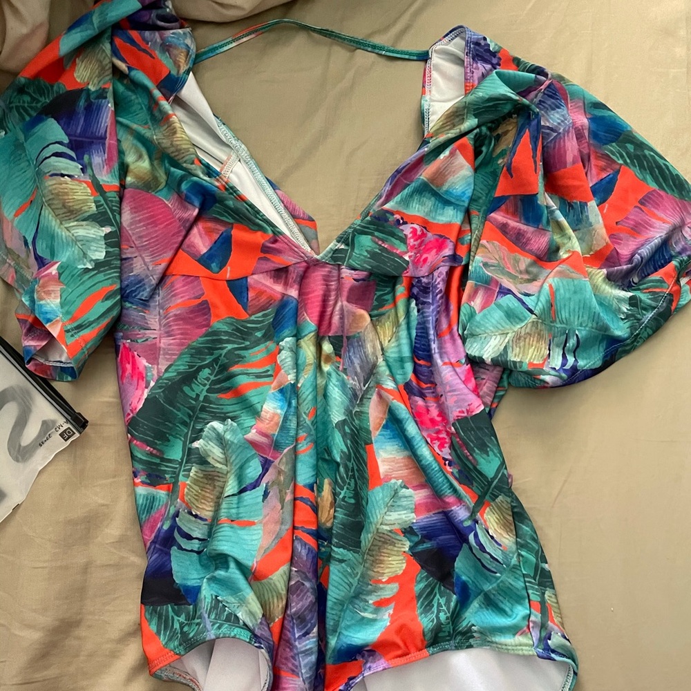 Tropical Print One piece swimsuit w/Sleeves